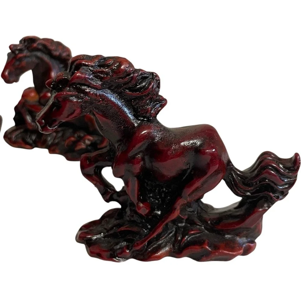 VTG Galloping Horse Figurine Set Home Decor Small Burgundy Red Cinnabar Style